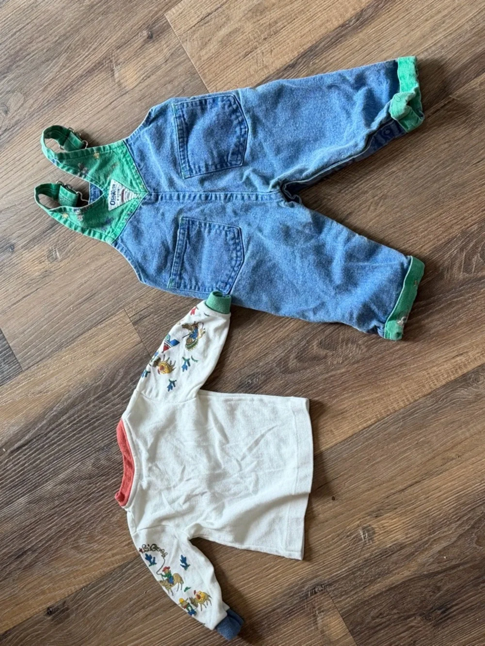 Vintage OshKosh B'gosh Blue Denim Overalls with Green Trim long sleeves